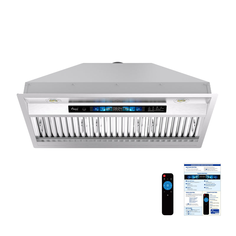 Awoco RH-BQ-XV Built-in Insert Stainless Steel Range Hood, Kitchen Hood with 4-Speed Exhaust Fan, Voice, Gesture, Touch & Remote Controls, 6" Round Top Vent, 800 CFM, Dimmable LED Lights, Baffle Filters