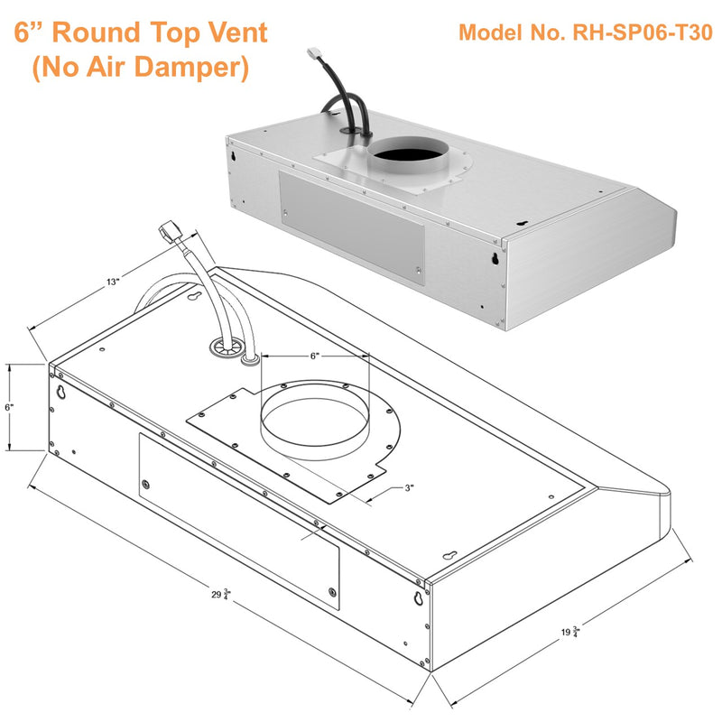 Awoco RH-SP06-T Super Quiet Split Stainless Steel Range Hood, 4 Speeds, 6" Round Top Vent, 800CFM, with LED Lights