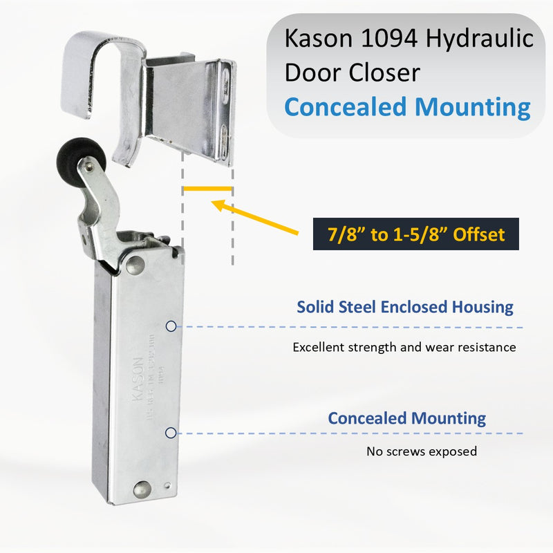 Kason 1094 Hydraulic Door Closer, Concealed or Exposed Mounting with Adjustable Wide Hook for Walk-In Coolers/Freezers