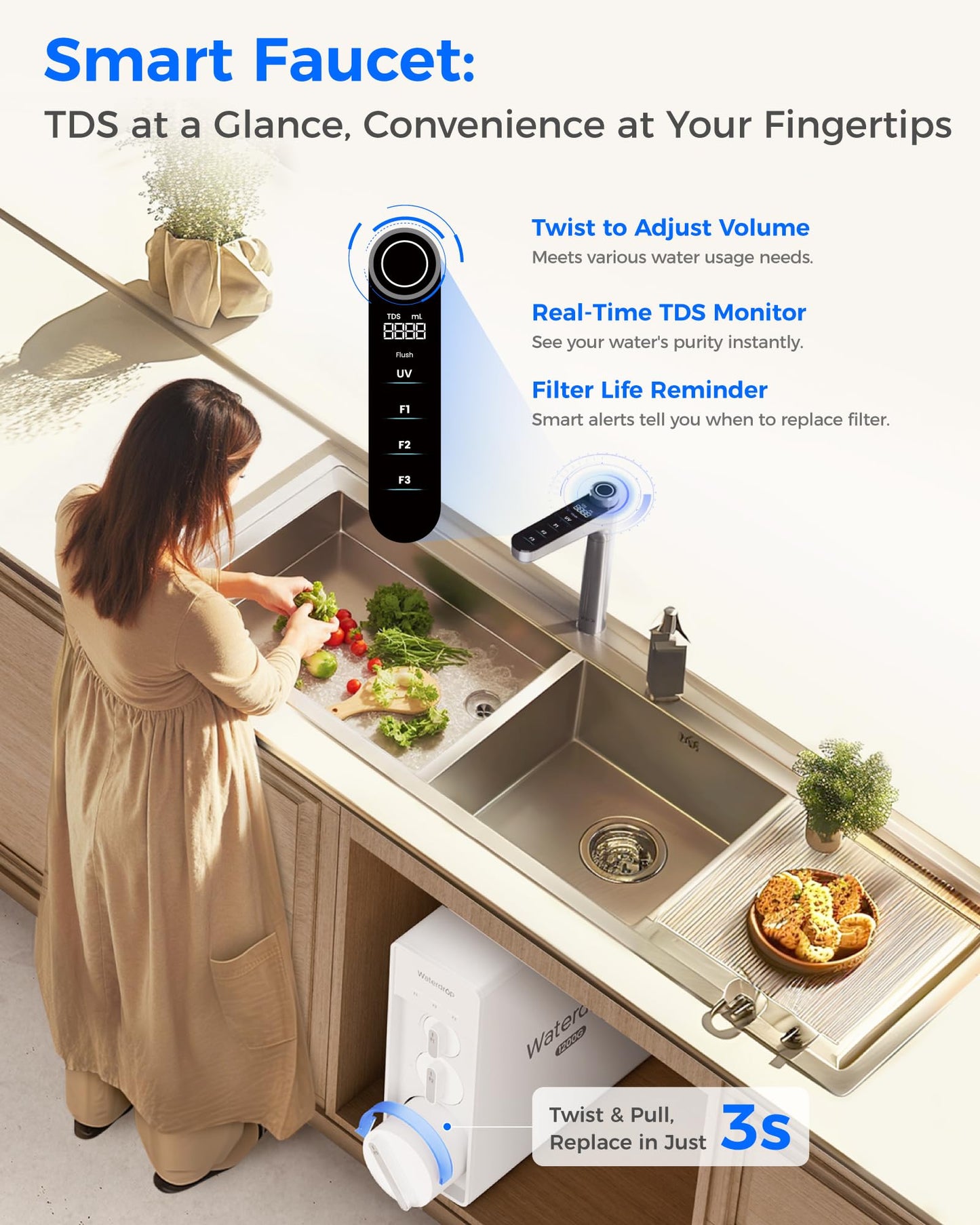 Waterdrop X12 White Tankless Reverse Osmosis System | 1200 GPD | 11-Stage Filtration | UV Sterilization | Alkaline Mineral Technology | Smart Faucet | NSF/ANSI 42, 58 & 372 Certified