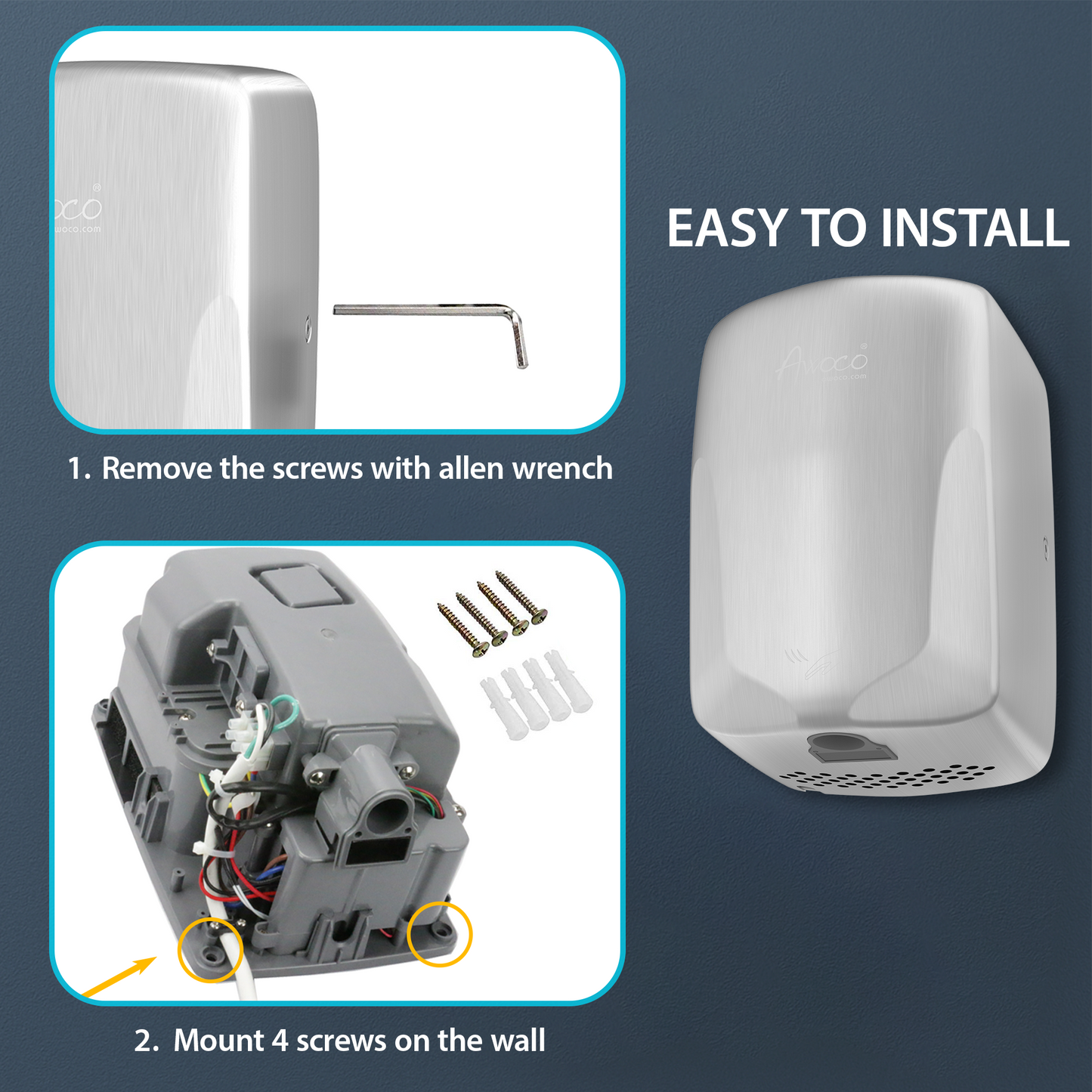 Awoco Compact 1350W 120V Stainless Steel Automatic High Speed Hand Dryer, UL Certified