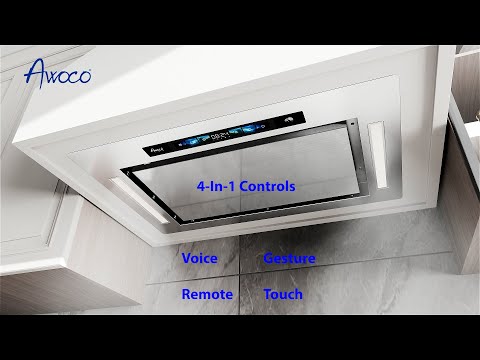 Awoco RH-IT06-GV 18.5”D Flush Ceiling Mount Split Insert Range Hood with Voice, Gesture, Touch, Remote Controls, 4-Speed 800 CFM Stainless Steel Hood with 6” Round Vent LED Lights