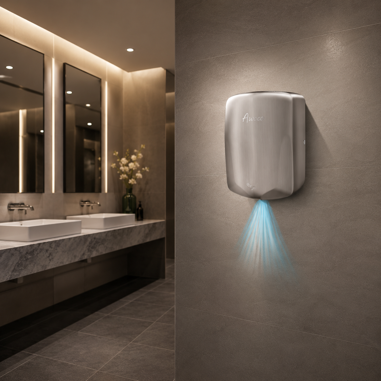 Modern bathroom with sink and Awoco Compact 1350W 120V Stainless Steel Automatic High Speed wall-mounted hand dryer.
