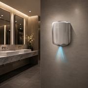 Modern bathroom with sink and Awoco Compact 1350W 120V Stainless Steel Automatic High Speed wall-mounted hand dryer.