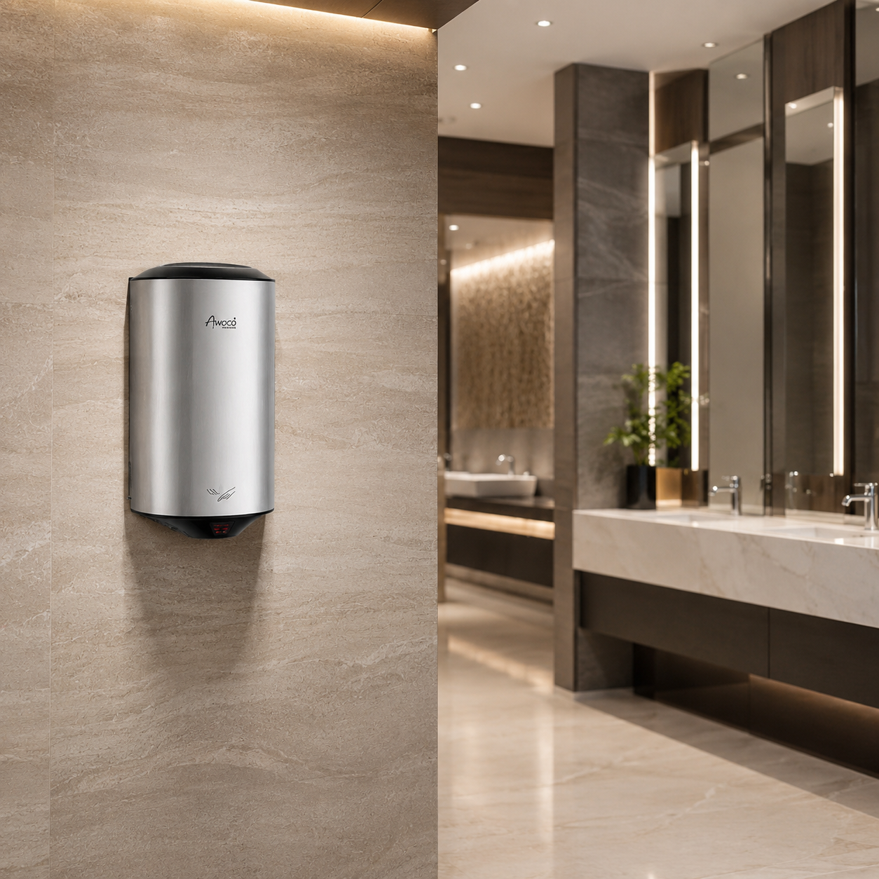 Bathroom with sink and Awoco round 1350W 120V stainless steel hand dryer on the wall