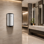 Bathroom with sink and Awoco round 1350W 120V stainless steel hand dryer on the wall