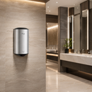 Bathroom with sink and Awoco round 1350W 120V stainless steel hand dryer on the wall