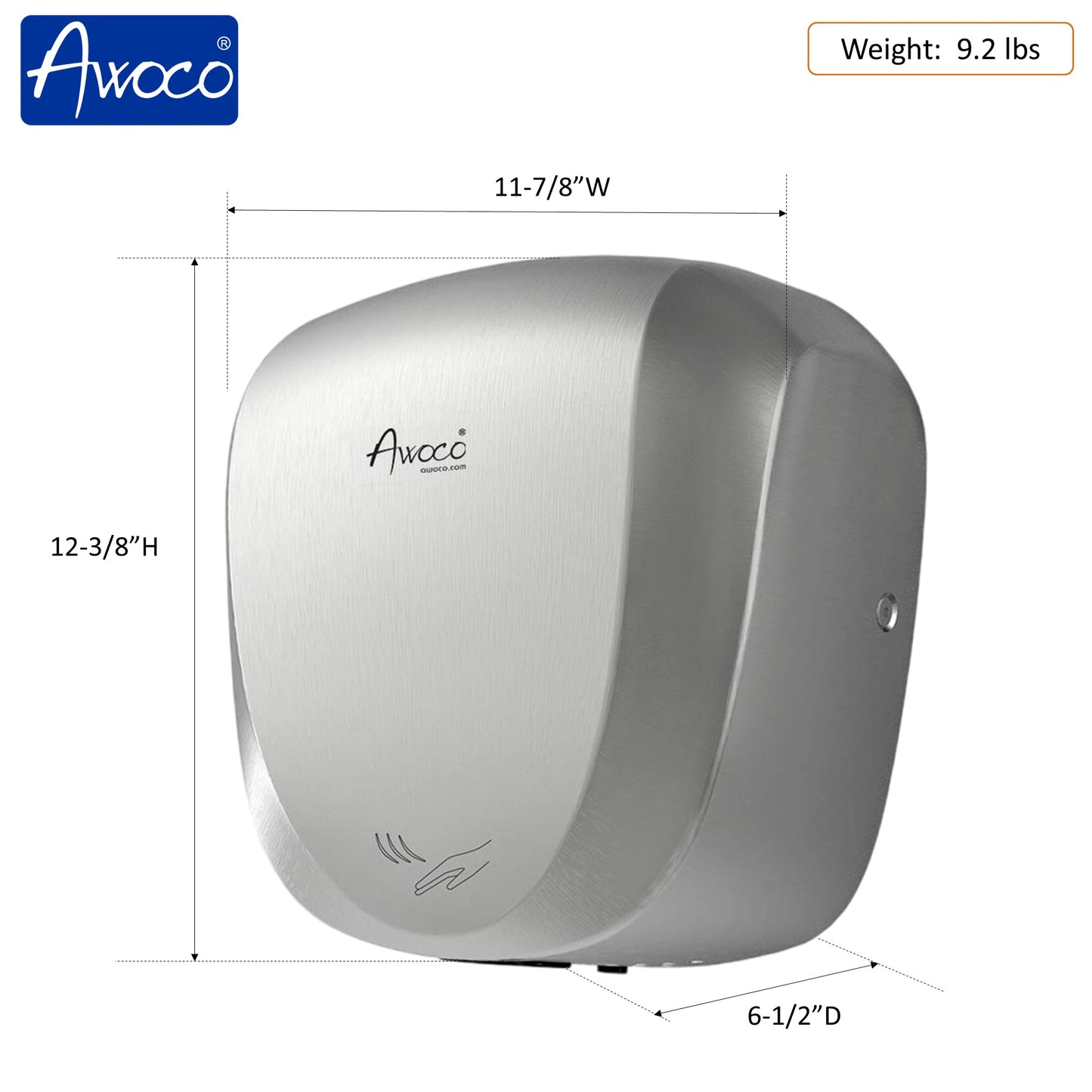 Heavy Duty Stainless Steel Automatic  hand dryer with Awoco branding and dimensions 
