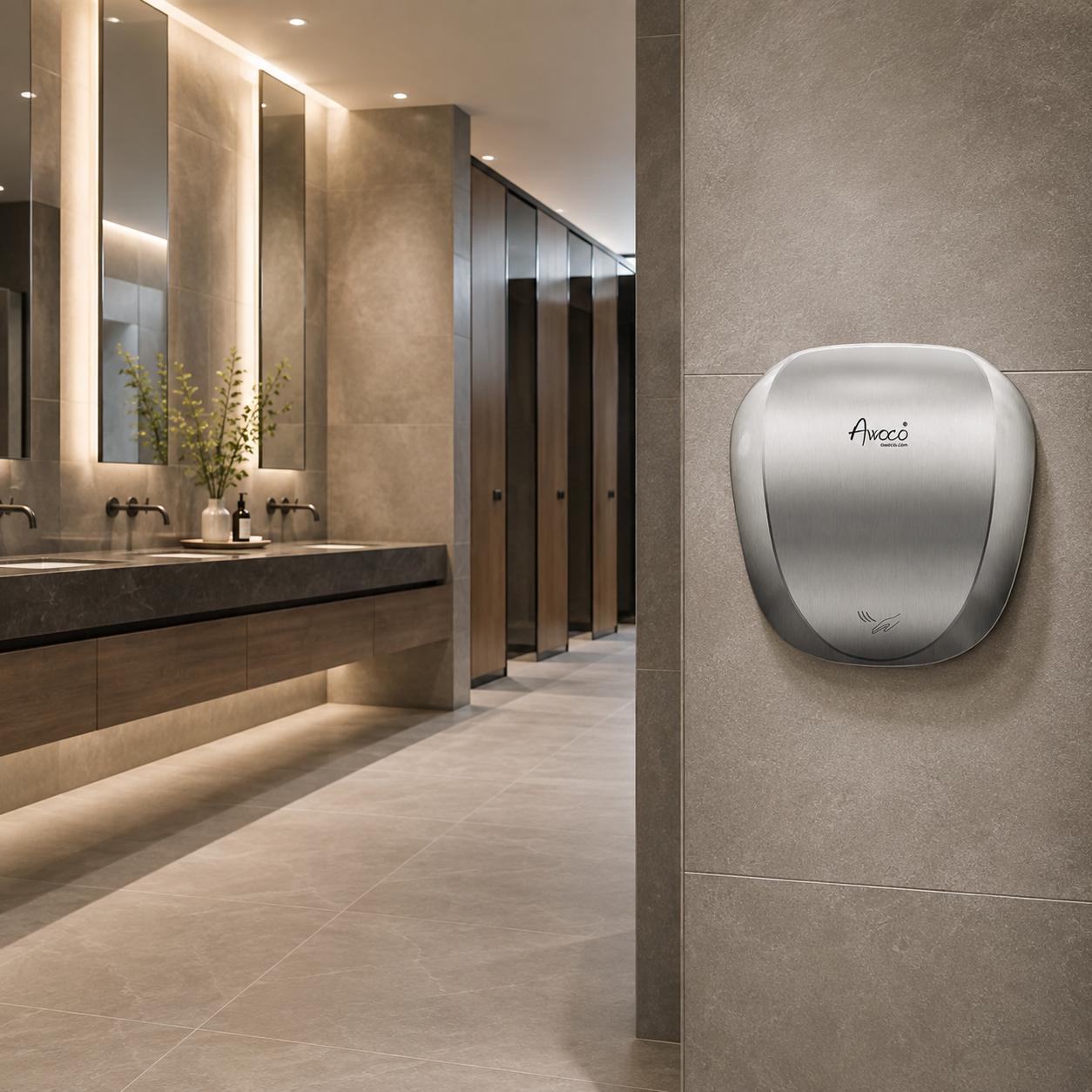 Awoco Standard 1450W 120V Heavy Duty Stainless Steel Automatic High Speed Hand dryer mounted on a wall in a bathroom setting