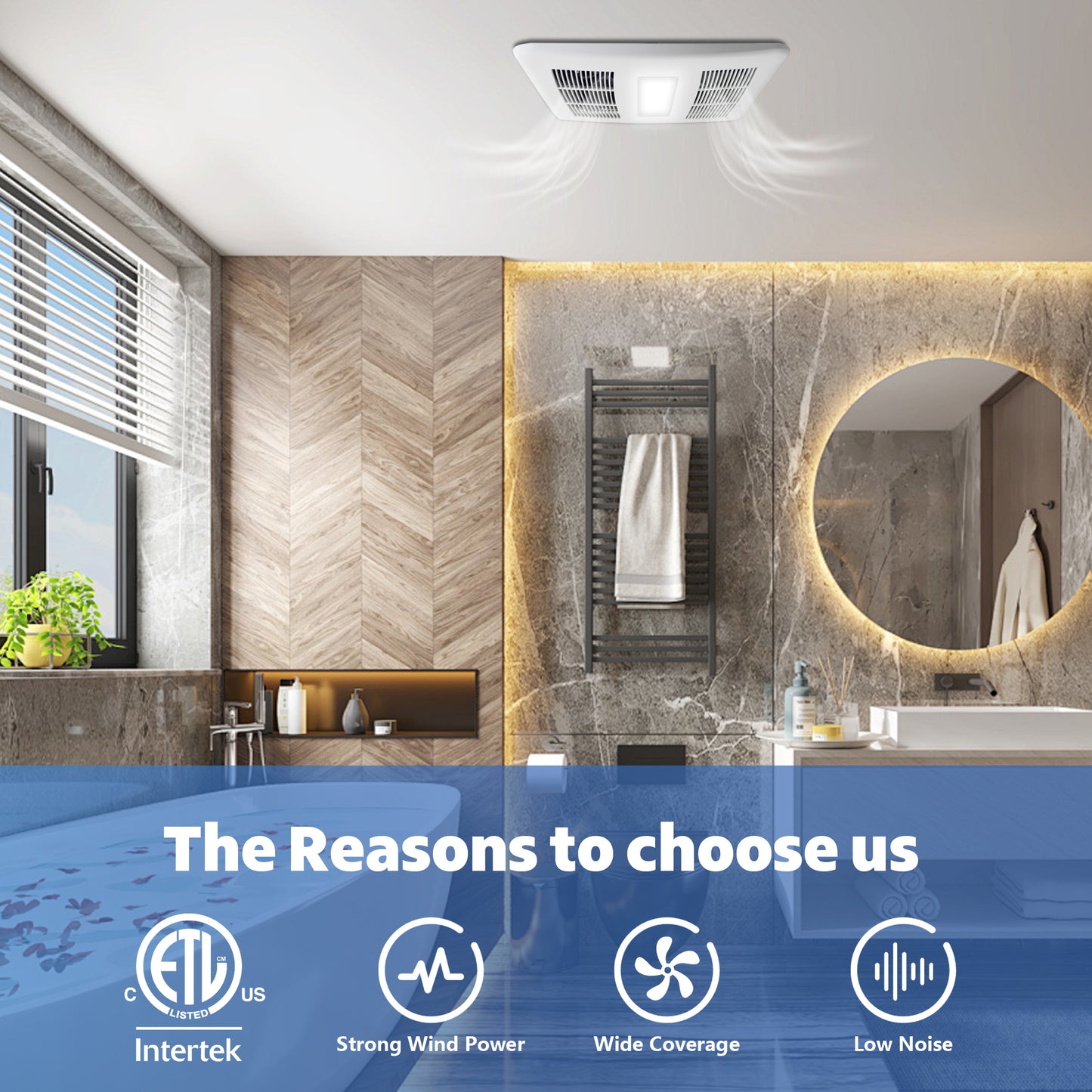 Modern bathroom interior with a ceiling-mounted exhaust fan, featuring Intertek certification and product features.