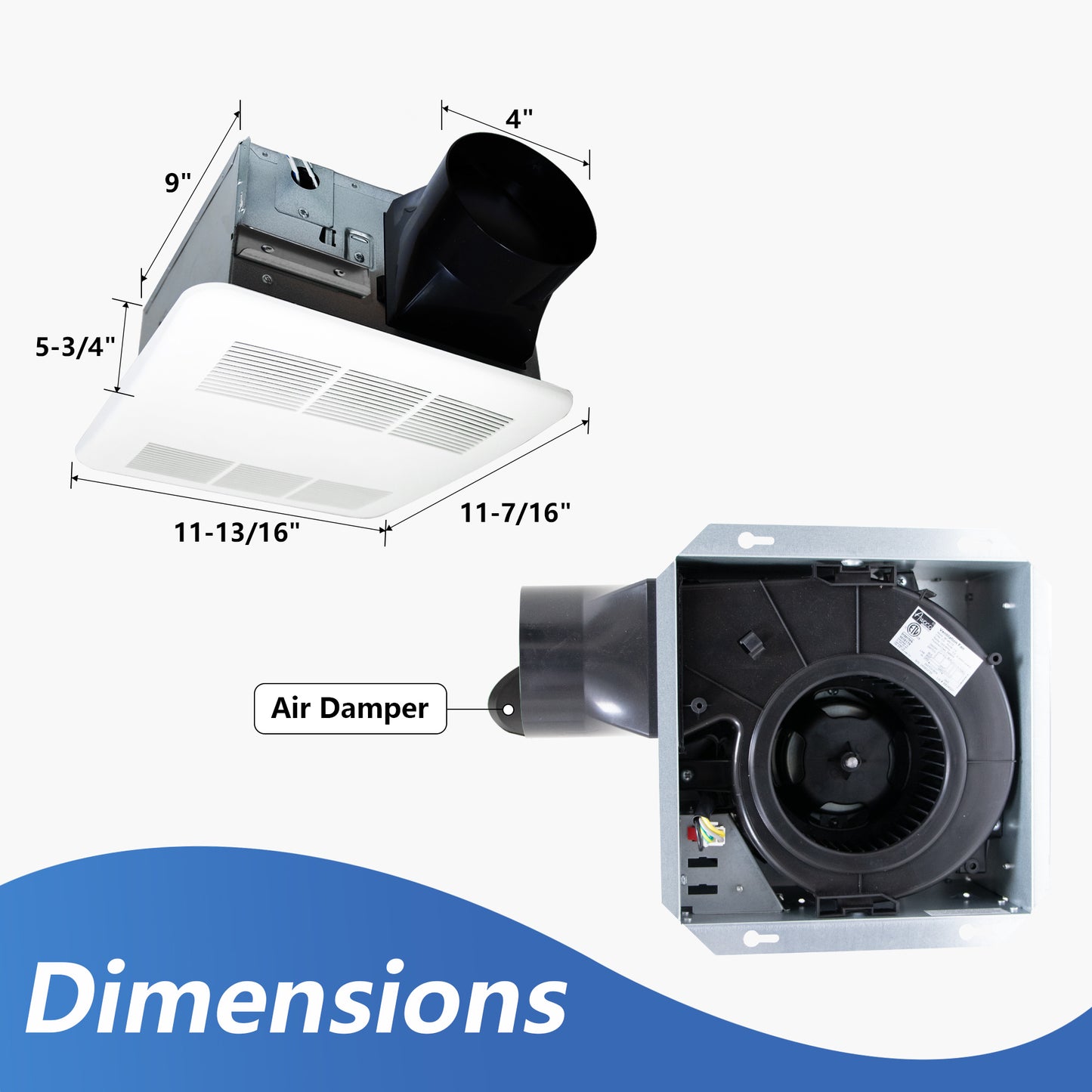 Ceiling exhaust fan with dimensions labeled