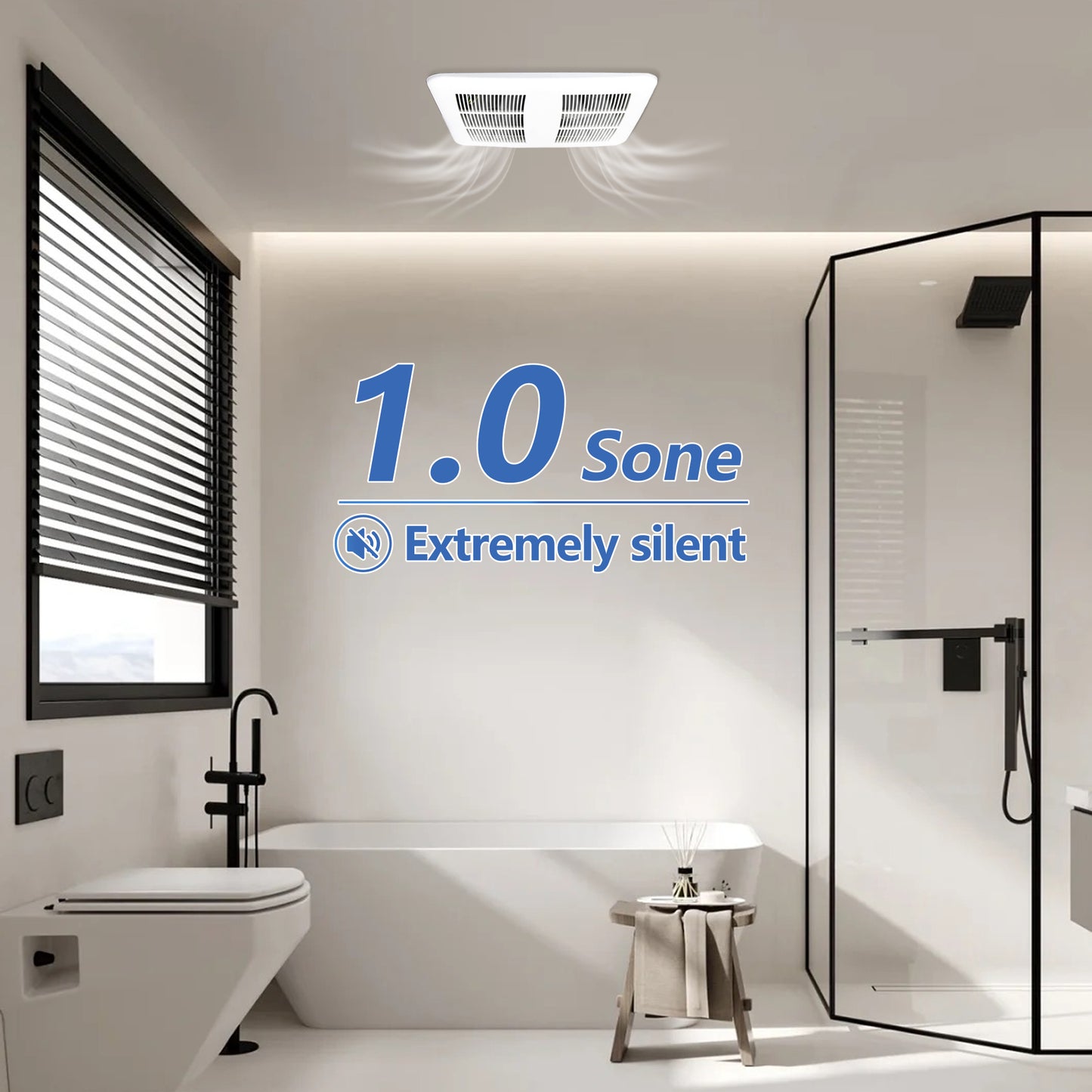 Bathroom with a toilet, bathtub, and exhaust fan are 1.0 sone extremely silent