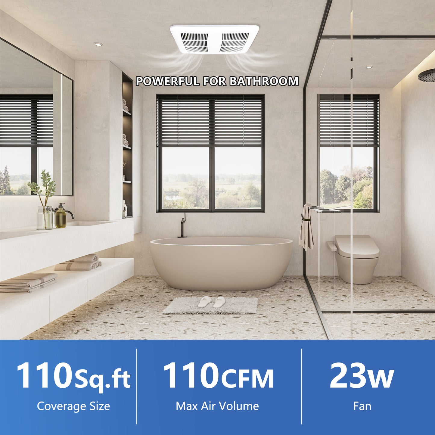 Modern bathroom with a bathtub and windows, exhaust fan are powerful for bathroom, 100sq.ft coverage, 110CFM, 23W