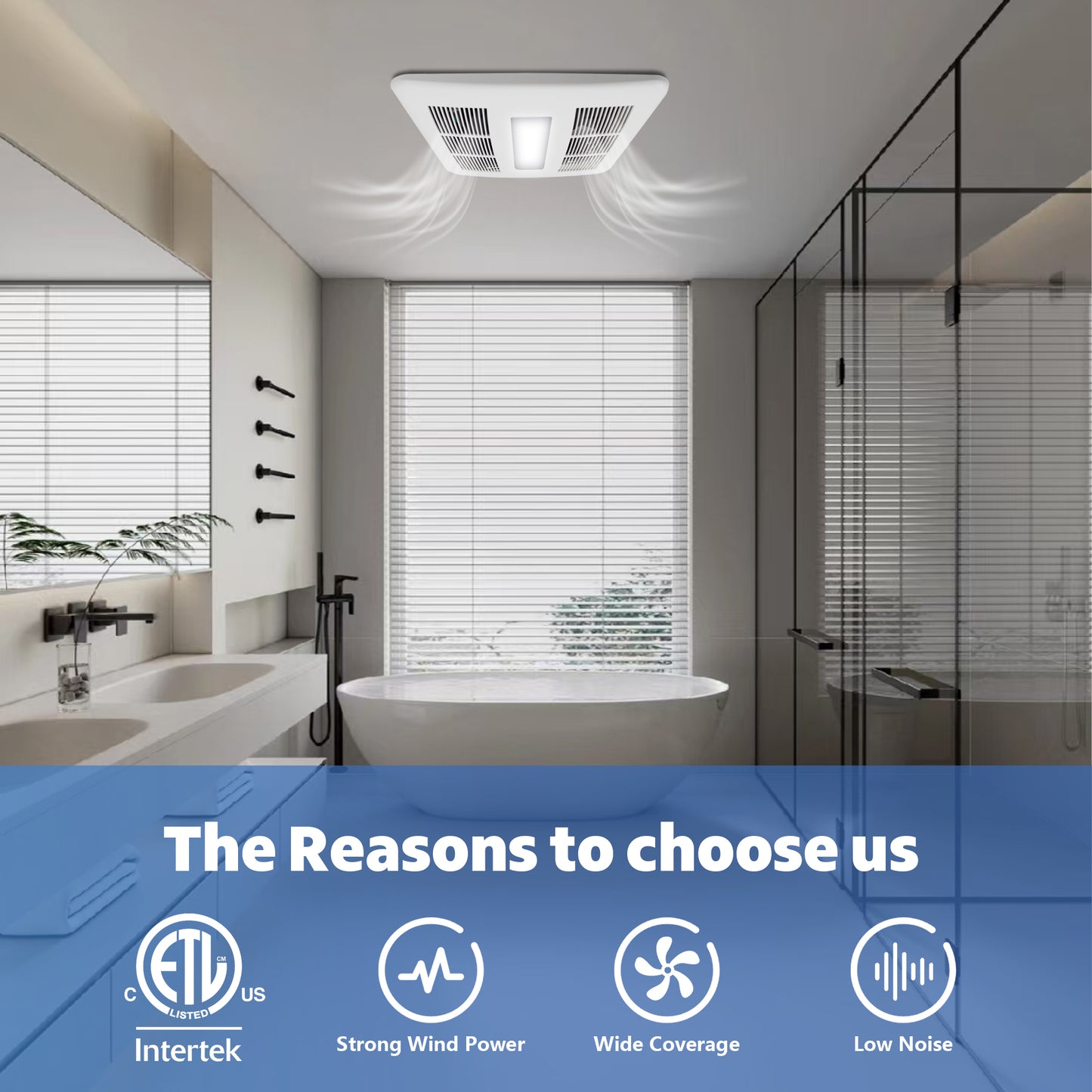 Bathroom with a ceiling-mounted exhaust fan, featuring Intertek certification and product features.