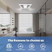 Bathroom with a ceiling-mounted exhaust fan, featuring Intertek certification and product features.