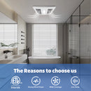 Bathroom with a ceiling-mounted exhaust fan, featuring Intertek certification and product features.