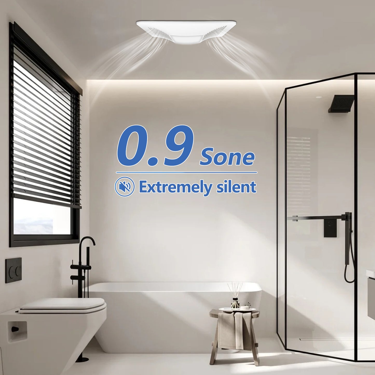 Bathroom with shower and toilet, featuring a noise level of exhaust fan 0.9sone extremely silent