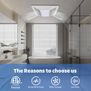 Modern bathroom with a exhaust fan, featuring Intertek certification and product features.
