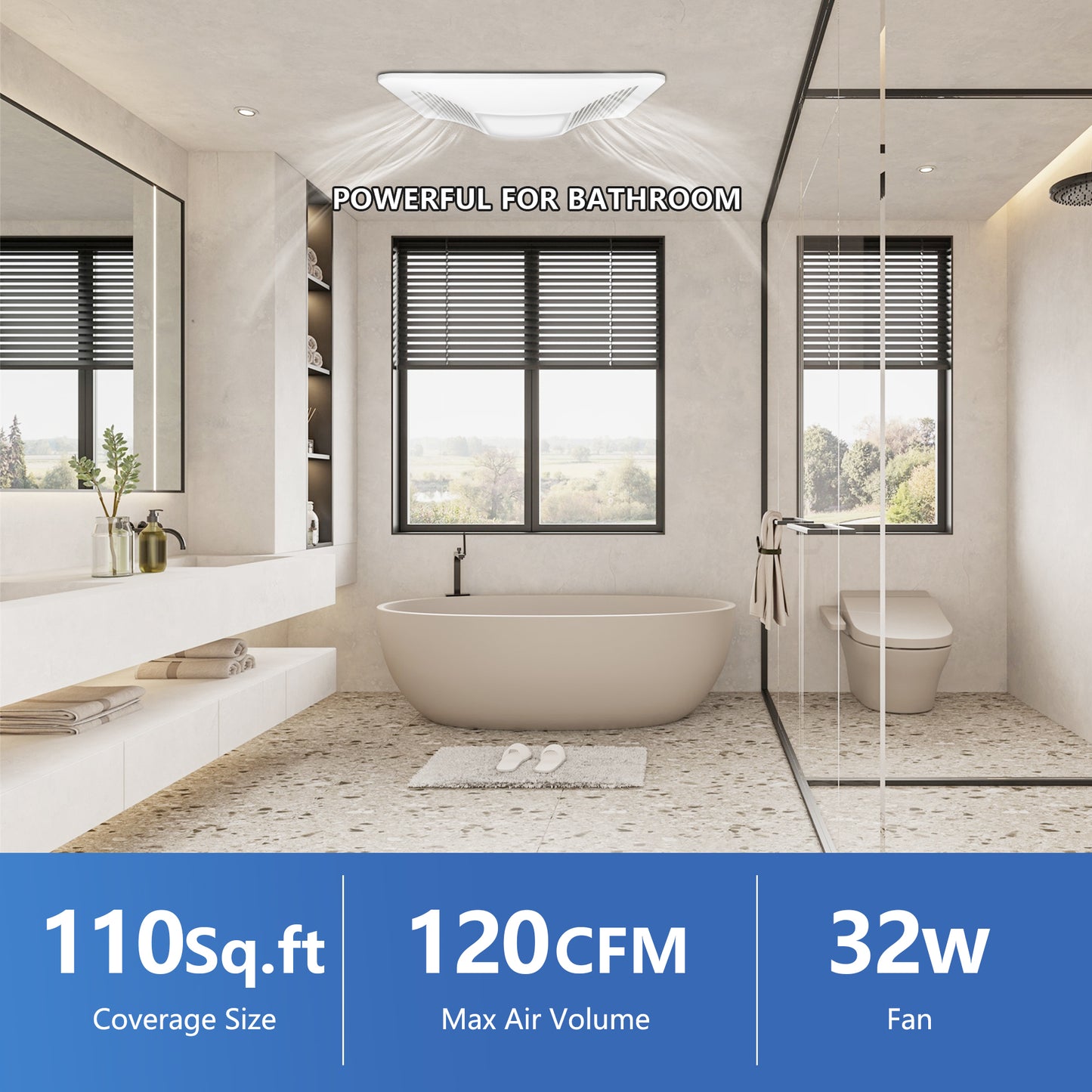 Modern bathroom with a bathtub and windows, exhaust fan are powerful for bathroom, 110sq.ft coverage, 120CFM, 32W fan
