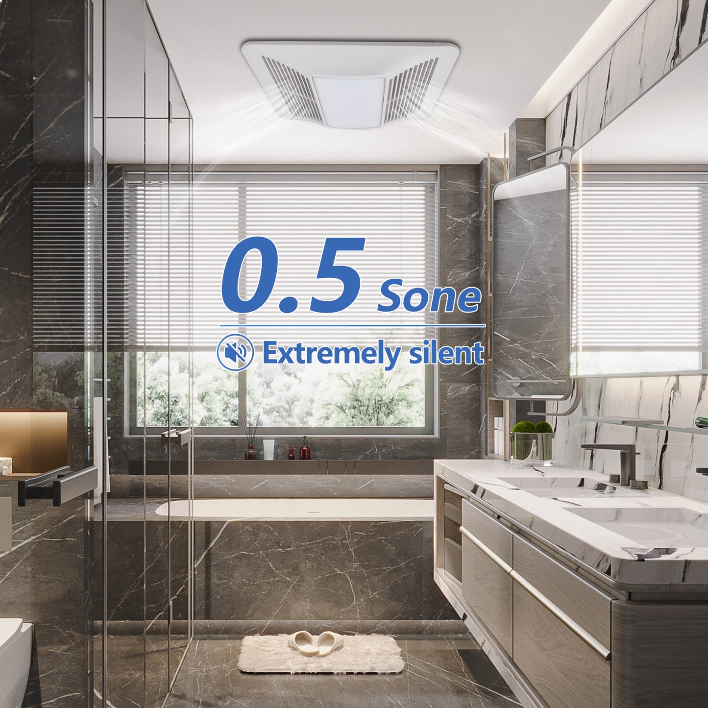 Modern bathroom with a shower area and a window, exhaust fan are 0.5 Sone Extremely silent