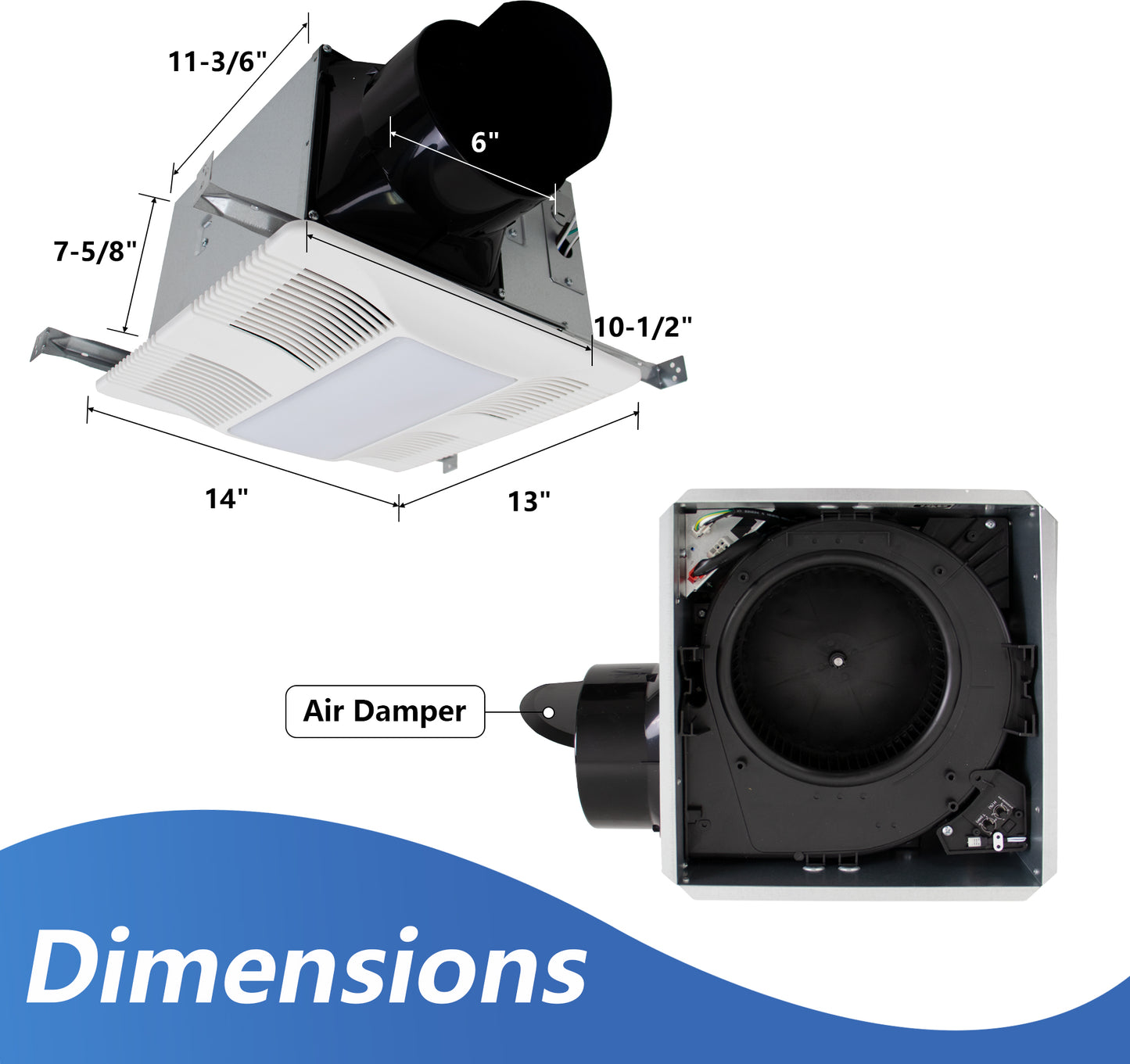 Ceiling-mounted exhaust fan with dimensions labeled 