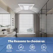 Modern bathroom with a ceiling exhaust fan, featuring Intertek certification and product features.