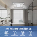 Modern bathroom with a ceiling exhaust fan, featuring Intertek certification and product features.
