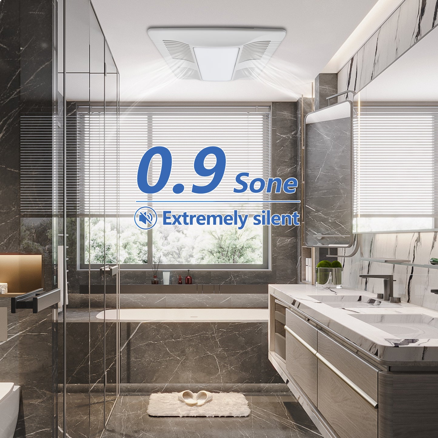 Modern bathroom with a shower area and exhaust fan are 0.9 Sone Extremely silent