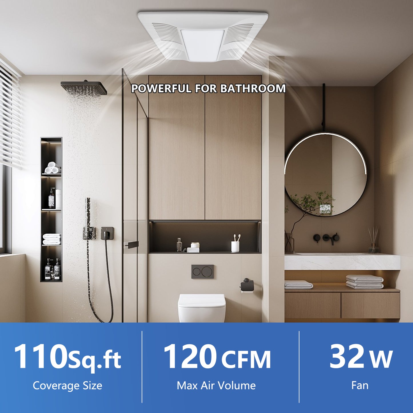 Modern bathroom with a ceiling fan labeled Powerful for Bathroom, 110sq.ft coverage, 120CFM, 32W