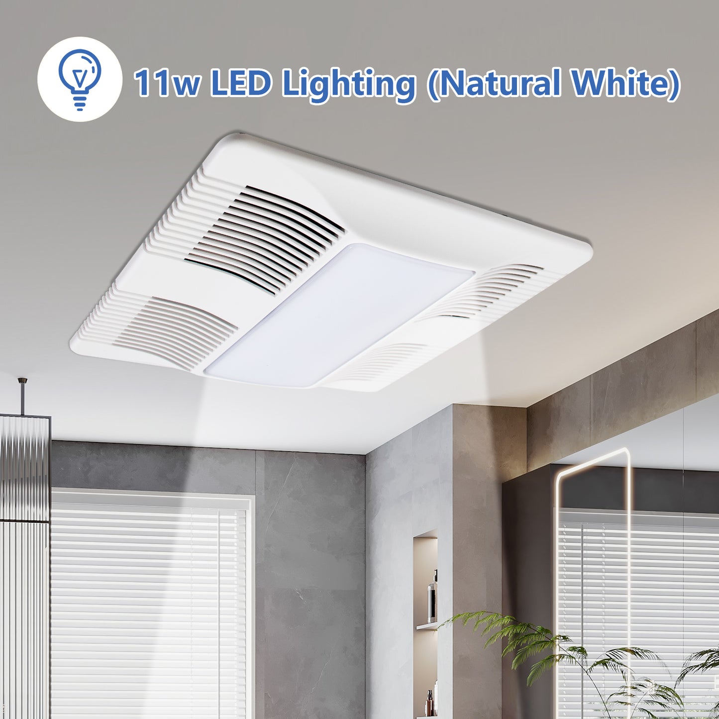 Modern ceiling-mounted bathroom exhaust fan with integrated 11W natural white LED light