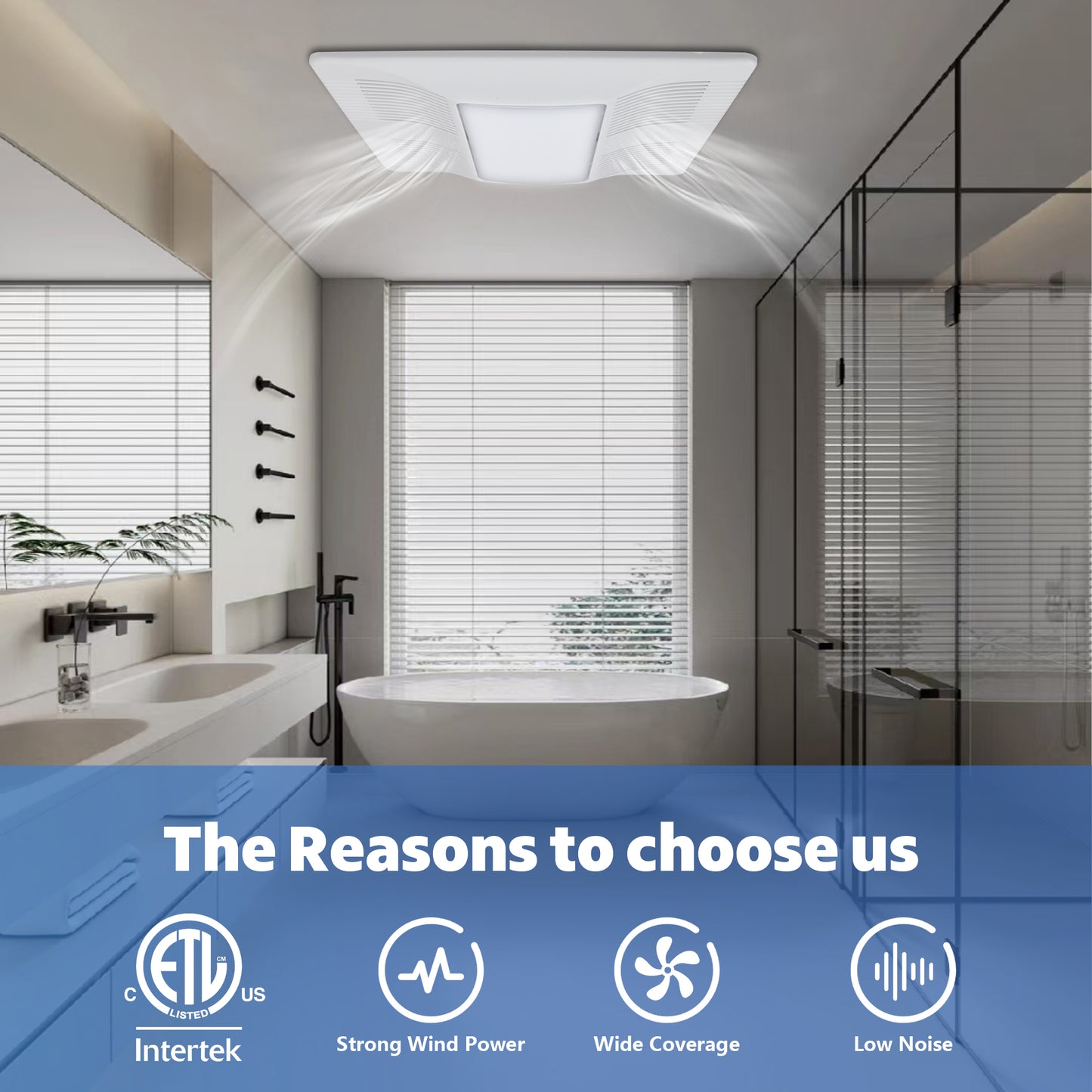 Modern bathroom with a bathtub and shower, featuring Intertek certification and product features.