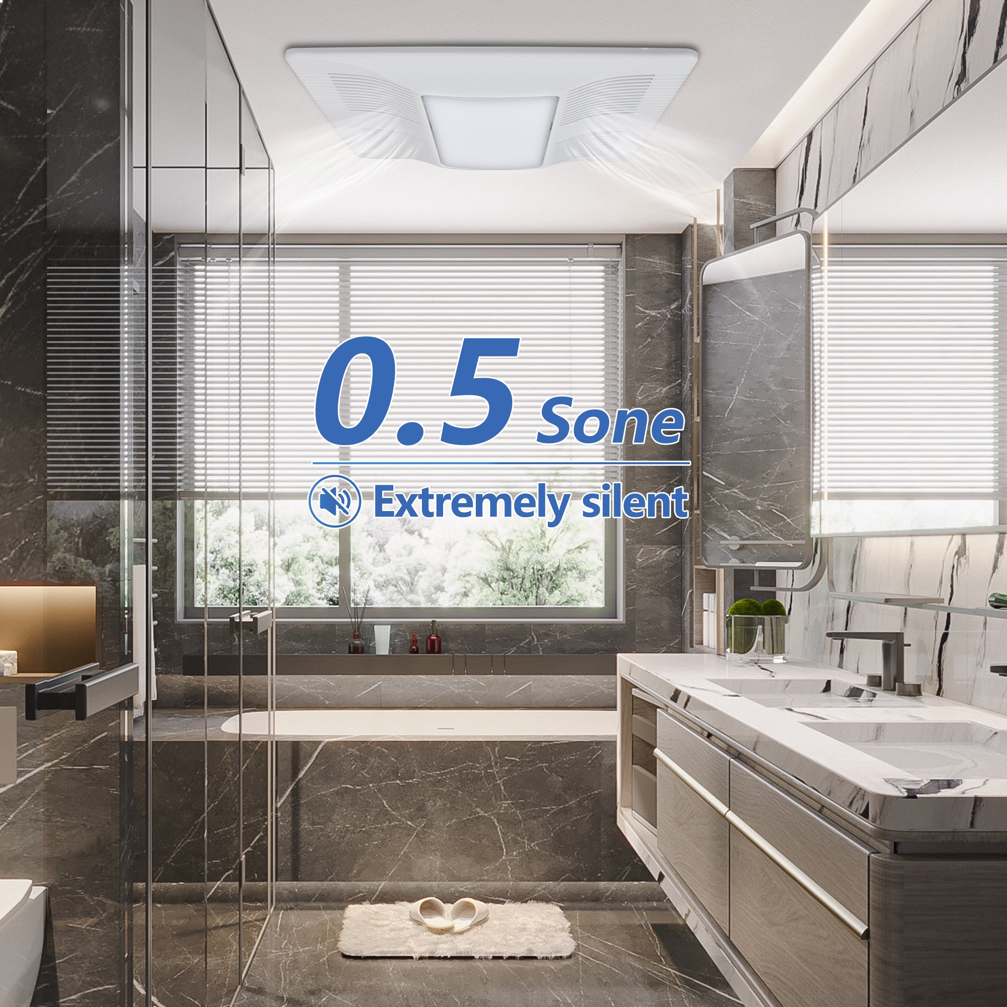 Modern bathroom with a glass shower enclosure and a window, the exhaust fan are 0.5 Sone Extremely silent