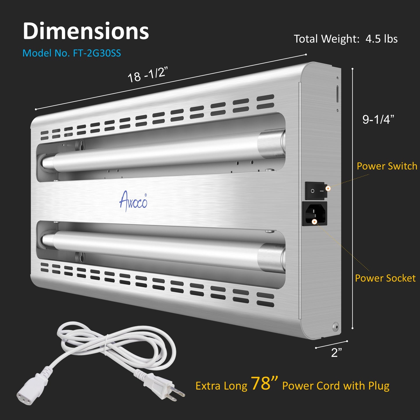 18-1/2"W x 9-1/4"H, with extra long 78" power cord with plug