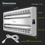 18-1/2"W x 9-1/4"H, with extra long 78" power cord with plug