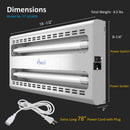 18-1/2"W x 9-1/4"H, with extra long 78" power cord with plug