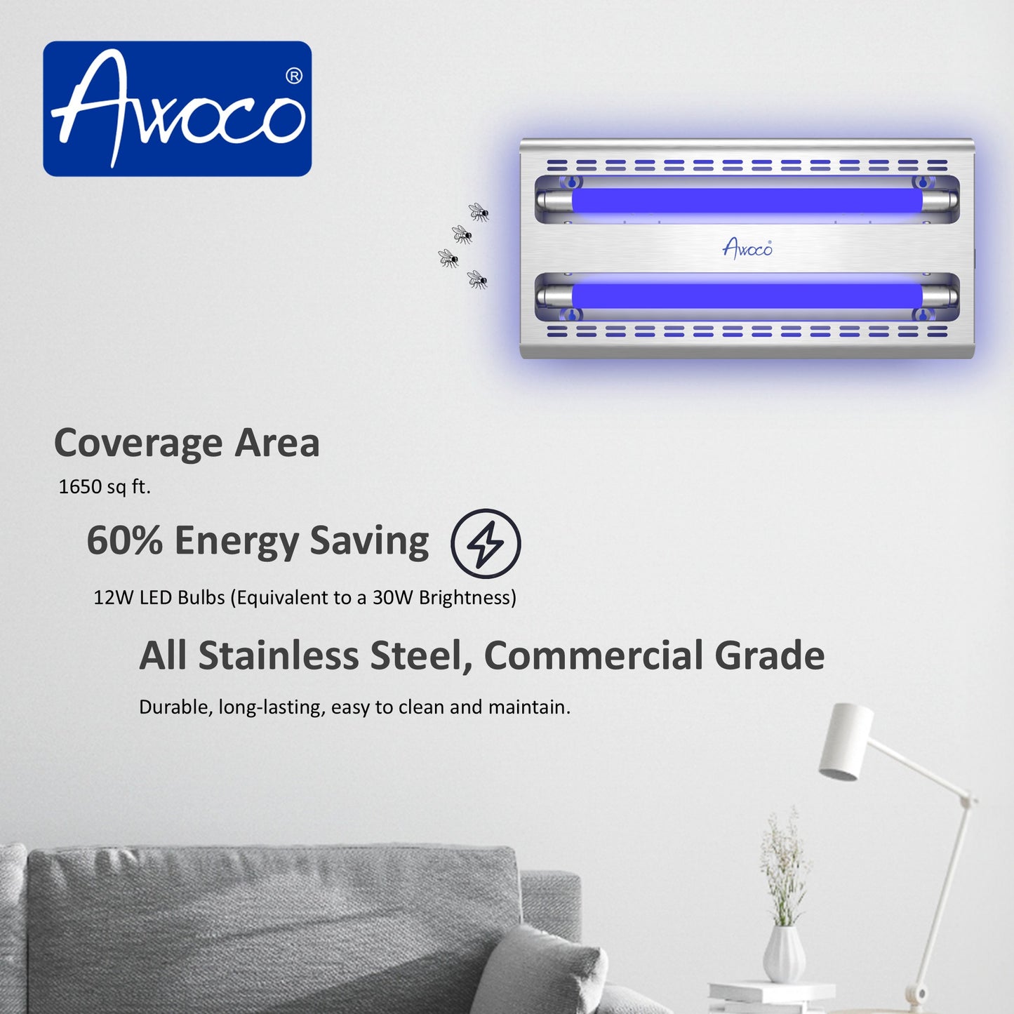 1650sq ft. coverage area, 12W LED bulbs 60% energy saving, all stainless steel, commercial grade