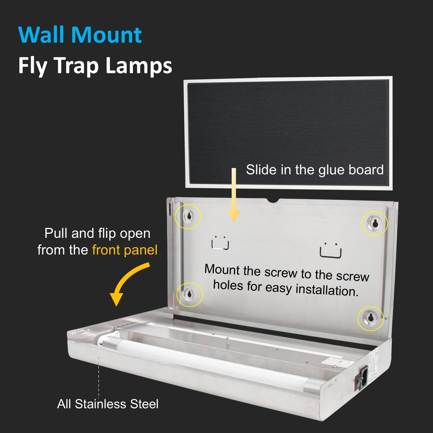 Wall Mount Fly Trap Lamps, made of stainless steel, featuring a front cover that slides open for bulb replacement, and built-in holes at the back for mounting on a wall. 