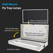 Wall Mount Fly Trap Lamps, made of stainless steel, featuring a front cover that slides open for bulb replacement, and built-in holes at the back for mounting on a wall. 