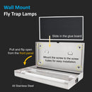 Wall Mount Fly Trap Lamps, made of stainless steel, featuring a front cover that slides open for bulb replacement, and built-in holes at the back for mounting on a wall. 