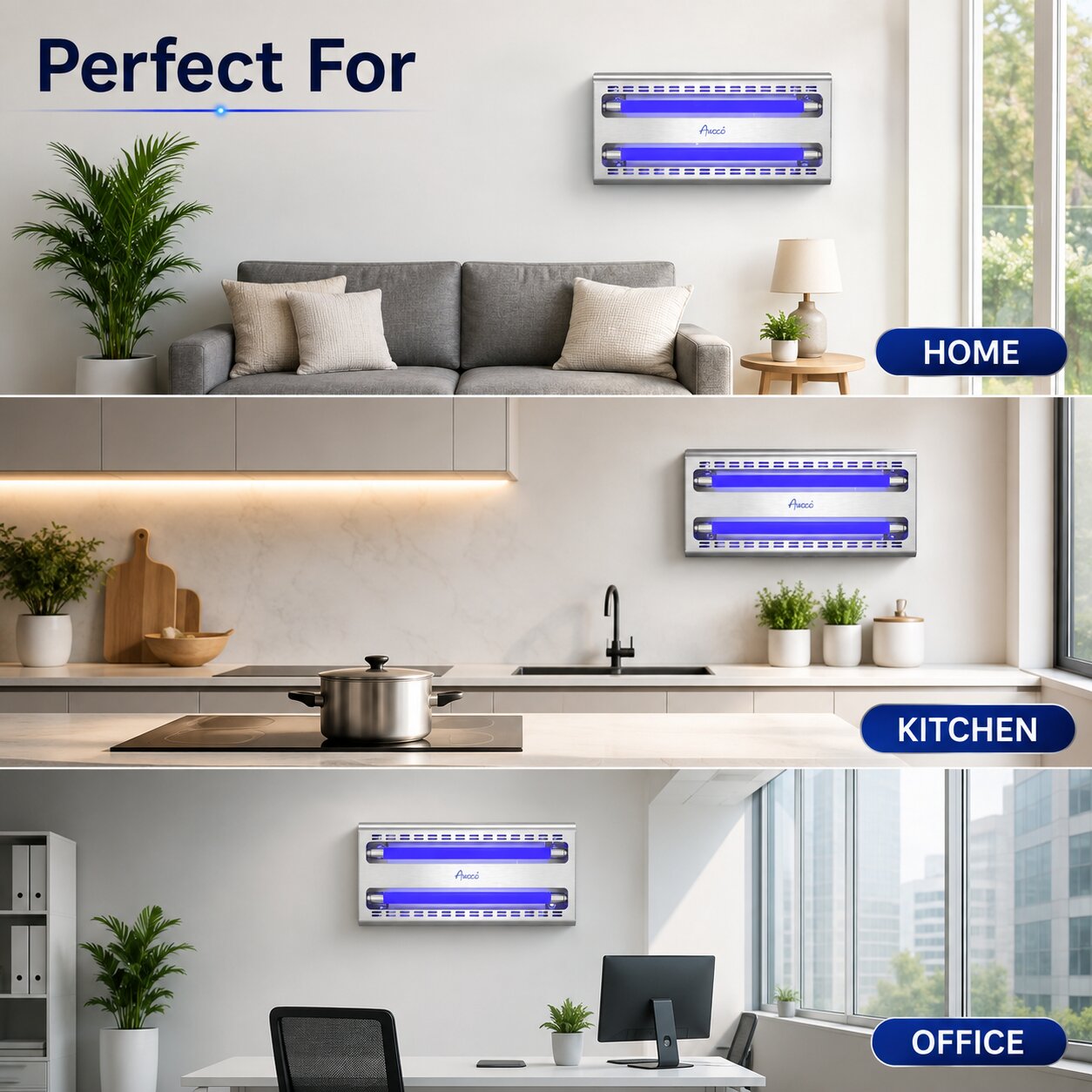Stainless steel wall mount fly trap in modern home, kitchen, and office