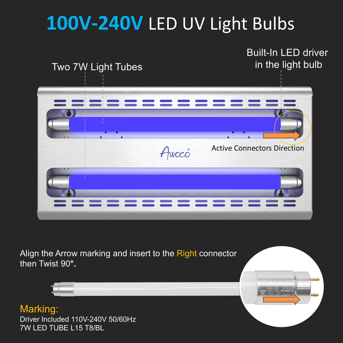 100V-240V LED UV light bulbs, two 7W light tubes, built-in LED driver in the light bulb