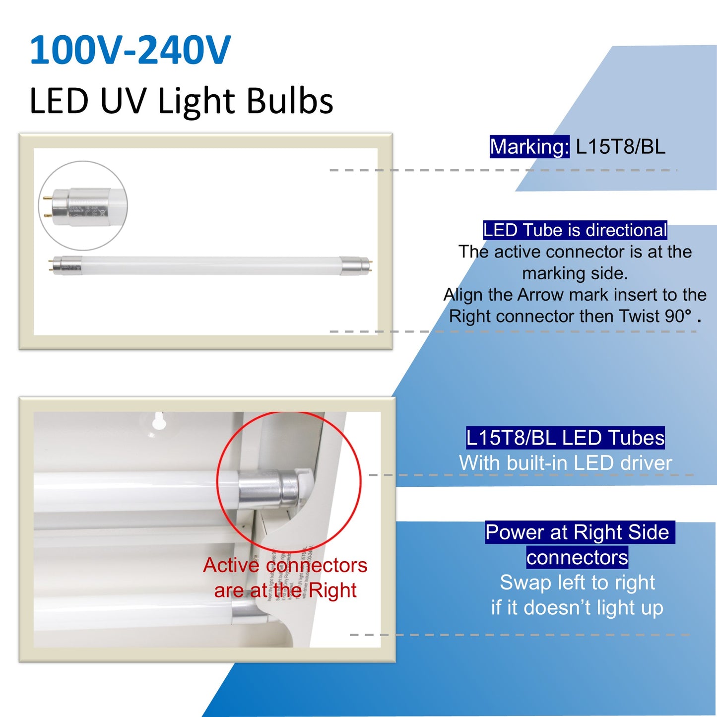 100V-240V LED UV light bulbs, the active connector is at the marking side, align the arrow mark insert to the right connector then Twist 90°