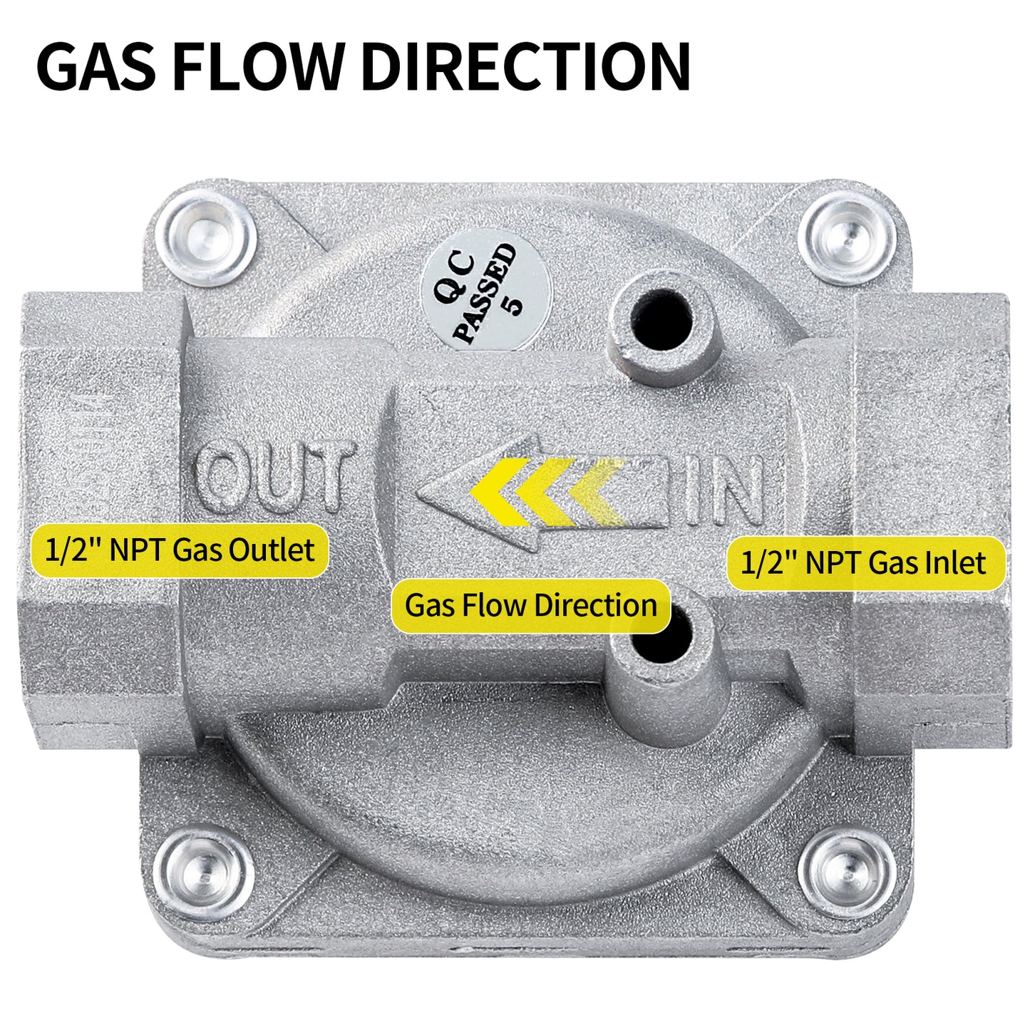 Gas valve with labeled gas flow direction, 1/2" NPT gas outlet and inlet