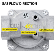Gas valve with labeled gas flow direction, 1/2" NPT gas outlet and inlet