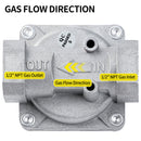 Gas valve with labeled gas flow direction, 1/2" NPT gas outlet and inlet