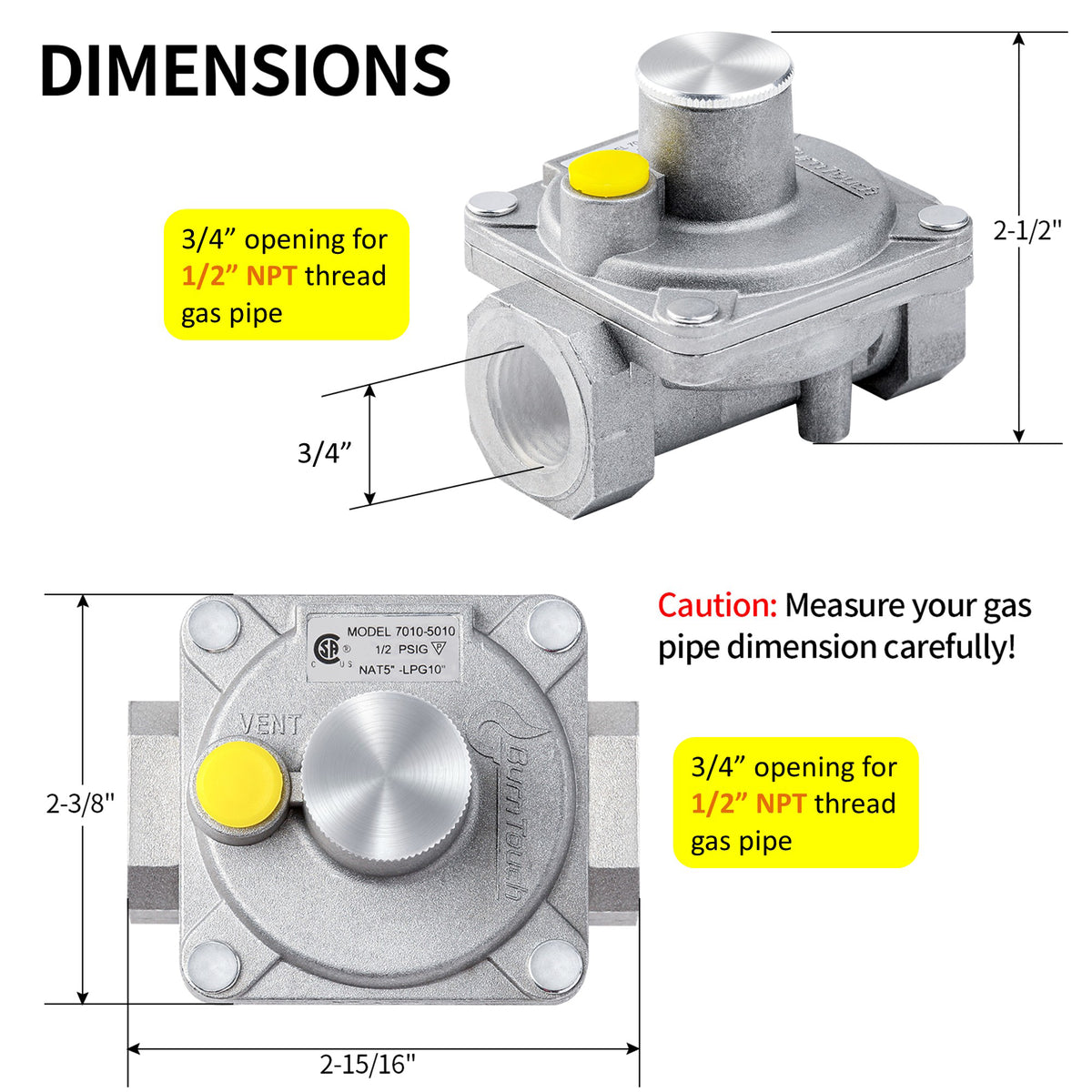 Dimensions of a gas valve with labeled openings and measurements. 3/4" opening for 1/2" NPT thread gas pipe 