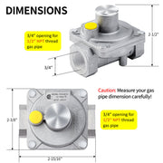 Dimensions of a gas valve with labeled openings and measurements. 3/4" opening for 1/2" NPT thread gas pipe 