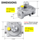 Dimensions of a gas valve with labeled openings and measurements. 3/4" opening for 1/2" NPT thread gas pipe 
