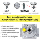 Instructions for swapping between natural gas and liquid propane gas regulators with labeled steps.