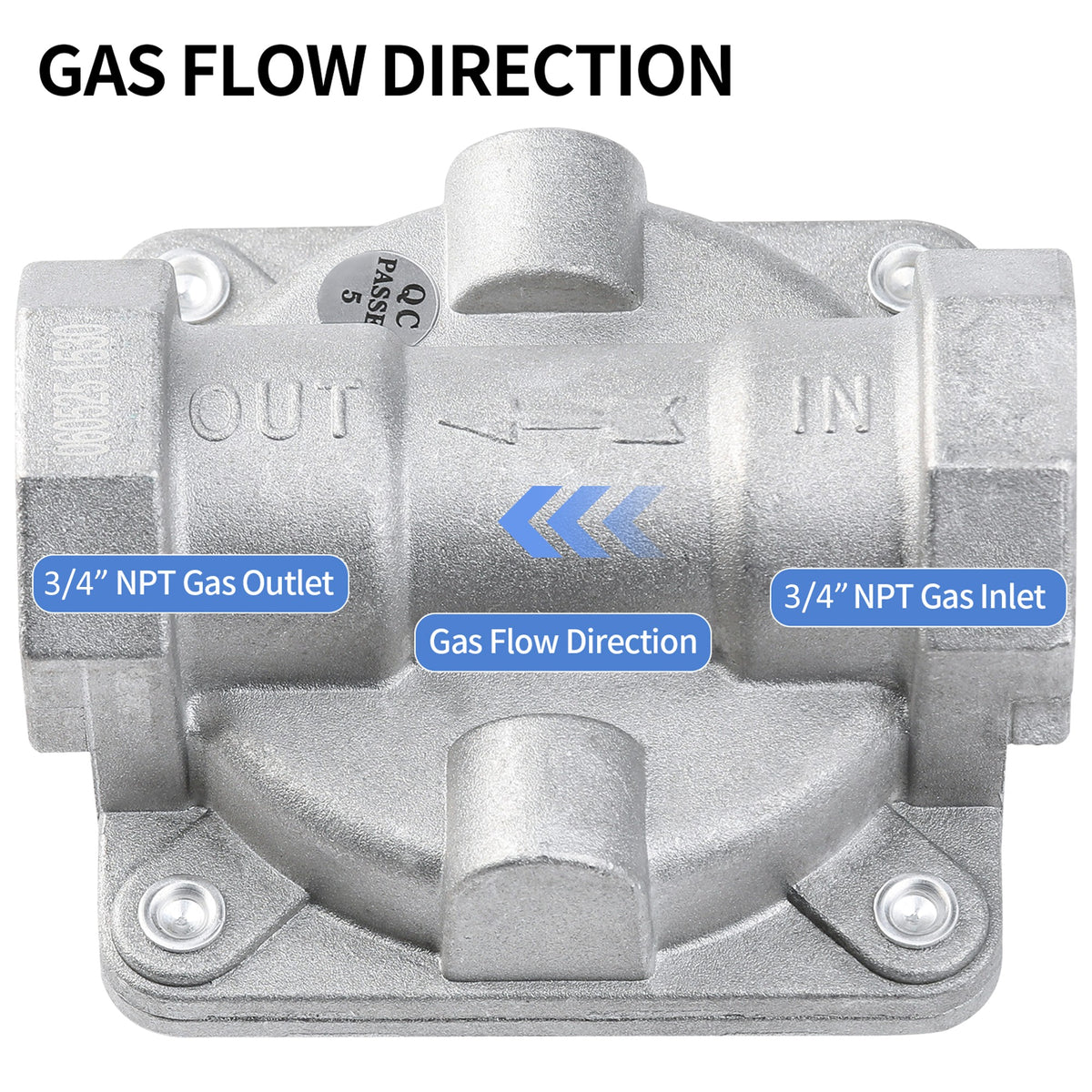 Gas valve with labeled gas flow direction, 3/4" NPT gas outlets and 3/4" NPT gas inlet